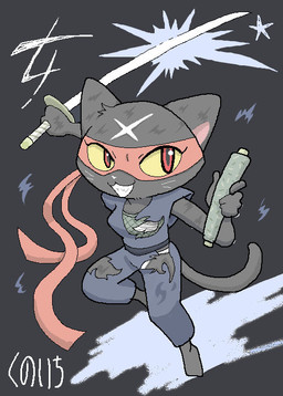 anthro black_body black_fur clothing female fur kemono melee_weapon ninja scroll solo sword torn_clothing warrior weapon pokecider domestic_cat felid feline felis mammal digital_media_(artwork)