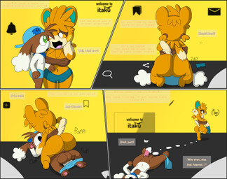 anthro balls big_breasts big_butt bodily_fluids bottomwear breasts butt clothing cowgirl_position cum cum_drip cum_inside dialogue dominant dominant_female dripping duo facesitting female from_front_position genital_fluids genitals happy hotpants huge_breasts huge_butt larger_female male moan muffled on_bottom on_top onomatopoeia penis sex shorts shortstack sitting_on_another size_difference sound_effects text wide_hipped_female wide_hips monterrioashmore itaku nintendo pokemon ac_(klonoa13) tangerie_the_pawmot generation_9_pokemon pawmot pokemon_(species) unknown_species absurd_res comic english_text hi_res