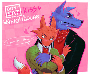 accessory anthro black_clothing black_jacket black_nails black_topwear blush blush_lines checkered checkered_background clothed clothing colored_nails dialogue duo fangs fur green_clothing green_jacket green_topwear grey_body grey_fur heart_symbol hug hugging_another jacket kerchief male male/male multicolored_body multicolored_clothing multicolored_fur nails neckerchief necktie neckwear orange_body orange_clothing orange_fur orange_topwear orange_vest pattern_background pink_background red_clothing red_kerchief red_neckerchief red_necktie red_shirt red_topwear shirt simple_background smile tail teeth text topwear two_tone_body two_tone_fur vest white_body white_clothing white_fur white_kerchief white_neckerchief white_shirt white_topwear shibeshiba don't_eat_the_neighbours fox_(don't_eat_the_neighbours) wolf_(don't_eat_the_neighbours) canid canine canis fox mammal wolf 2026 absurd_res digital_media_(artwork) english_text hi_res