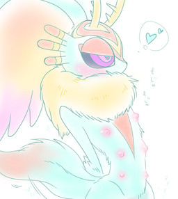 ambiguous_gender anthro antlers big_nipples big_wings black_sclera blue_pupils blush bodily_fluids chest_tuft dipstick_tail erect_nipples fur hands_behind_back head_wings heart_eyes heart_symbol horn markings multi_nipple multicolored_body multicolored_eyes multicolored_fur neck_tuft nipples nude pink_eyes pink_nipples pupils purple_eyes solo sweat sweatdrop tail tail_markings tan_body tan_fur teal_body teal_fur text thought_bubble tuft two_tone_body two_tone_fur unusual_wing_placement wings skbe_gemini kirby_(series) kirby_and_the_forgotten_land nintendo fecto_elfilis alien chinchilla chinchillid mammal rodent starling_(kirby) 2022 hi_res japanese_text translation_request