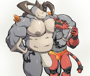 abs anthro arm_around_partner arm_around_shoulders balls_outline barazoku bedroom_eyes big_muscles big_pecs black_body bodily_fluids bulge chokehold claws clothed clothing detailed_bulge duo erect_nipples erection erection_under_jockstrap erection_under_underwear genital_outline genitals gradient_underwear green_eyes grey_body hand_on_hip headlock horn jockstrap jockstrap_only looking_at_another male male/male musclegut muscular muscular_anthro muscular_male narrowed_eyes navel nipples orange_clothing orange_eyes orange_underwear pecs penis penis_outline penis_size_difference red_body red_clothing red_nose red_underwear seductive sharp_teeth simple_background size_difference snout sweat tail teeth topless underwear underwear_only white_background worried worried_look yellow_sclera maldu nintendo pokemon generation_5_pokemon generation_7_pokemon incineroar legendary_pokemon pokemon_(species) terrakion absurd_res hi_res portrait shaded three-quarter_portrait