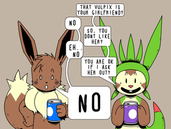 ambiguous_gender anthro beverage beverage_can biped black_eyes black_text brown_body brown_fur can container dialogue duo ellipsis eyebrows fluffy fluffy_tail fur holding_beverage holding_can holding_container holding_object neck_tuft open_mouth open_smile paws question_mark simple_background smile speech_bubble standing tail talking_to_another teeth text tuft jisito nintendo pokemon inti_(jisito) chespin eevee generation_1_pokemon generation_6_pokemon pokemon_(species) 2026 4:3 english_text hi_res