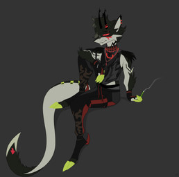 anthro antler_jewelry antlers arm_tuft armband bottomwear boxers_(clothing) bracelet cheek_tuft claws clothing contemplating dark_body dark_fur digitigrade drawstring drawstring_bottomwear drugs e-cigarette ear_piercing elbow_tuft eyebrow_piercing eyebrow_slit eyebrows facial_markings facial_piercing facial_tuft fur fur_markings fur_tuft furgonomic_piercing furgonomics gloves green_body green_claws green_fur hair handwear head_markings horn jewelry long_tail machine male markings multicolored_body muscular muscular_anthro muscular_male necklace noseless one_eye_obstructed pants piercing pockets red_body red_eyes red_fur shirt shoulder_tuft slim smoking solo spurs sweatpants tail tail_piercing tail_tuft tank_top tassels topwear tuft two_tone_body underwear white_body white_fur davespaceman kos_(lykythos) aglykan alien biomechanical living_machine absurd_res hi_res