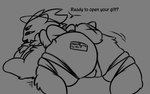 4_eyes anthro bow_ribbon breasts butt dialogue female fluffy genitals gift gift_wrapped multi_eye name_tag neck_tuft nude pussy text tuft wings henrique_rick alyssa_(alyssa_spider0) demon digital_drawing_(artwork) digital_media_(artwork) english_text hi_res monochrome