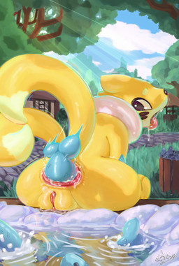 2_tails ambiguous_gender anal anal_penetration anal_vore bodily_fluids female female/ambiguous feral genital_fluids genitals light markings multi_tail open_mouth penetration plant pond sex solo sunlight tail tail_markings tongue tree vore vulva fawe nintendo pokemon aquatic buizel fish generation_4_pokemon mammal pokemon_(species) shiny_pokemon 2026 digital_drawing_(artwork) digital_media_(artwork) hi_res shaded signature