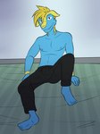 2018 anthro anthrofied barefoot bottomwear clothed clothing feet fuze generation_3_pokemon hi_res jolt_(fuze) looking_at_viewer male manectric nintendo nipples pants pokemon pokemon_(species) pokemorph sitting sitting_on_ground solo topless