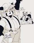 anthro clothing duo female hat headgear headwear male slightly_chubby suspenders text young young_anthro young_male ta_me_ba lifewonders tokyo_afterschool_summoners zhurong_(tas) ailurid human mammal red_panda hi_res japanese_text