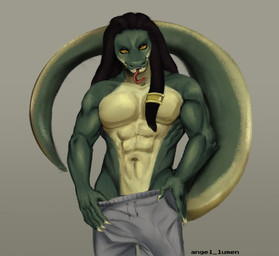 5_fingers abs accessory anthro arms_bent black_eyeliner black_hair bottomwear bulge claws clothing detailed_bulge dreadlocks eyeliner featureless_chest finger_claws fingers forked_tongue front_view furrowed_eyebrows genital_outline green_body green_scales green_tail grey_background grey_bottomwear grey_clothing grey_pants hair hair_accessory hair_ring hand_on_hip hand_on_own_hip lidded_eyes light long_hair long_tail long_tongue looking_at_viewer makeup male multicolored_body multicolored_scales muscular muscular_arms navel no_eyebrows non-mammal_navel orange_eyes pants partially_clothed_anthro partially_clothed_male pecs penis_outline red_tongue removing_pants scales sharp_teeth simple_background smile smiling_at_viewer solo tail teeth text tongue tongue_out two_tone_body two_tone_scales two_tone_tail undressing_self yellow_body yellow_claws yellow_scales yellow_sclera yellow_tail angellumen ikshun lizard reptile scalie 2022 artist_name colored digital_drawing_(artwork) digital_media_(artwork) english_description lighting portrait shaded three-quarter_portrait