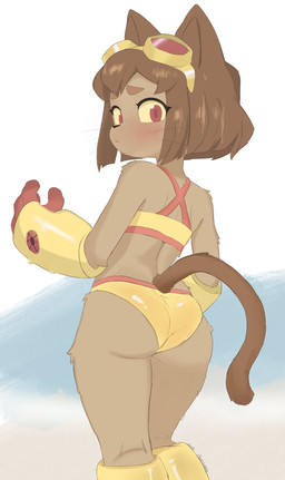 anthro back_groove bikini blush butt clothing embarrassed eyewear eyewear_on_head female goggles goggles_on_head hair looking_at_viewer looking_back magenta_eyes short_hair solo swimwear tail two-piece_swimsuit unsure whiskers alex_sumaki gameoverse glitch_productions kit_bodega domestic_cat felid feline felis mammal absurd_res hi_res signature
