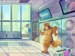 anthro blush breasts casual_nudity clothed clothing day detailed_background duo electronics female genitals inside laundromat laundry looking_at_object looking_at_phone nipples nude pawpads phone public public_nudity pussy slightly_chubby slightly_chubby_female surprise wide_eyed coyoteesquire harper_hightower canid canine mammal maned_wolf color_contrast cool_colors hi_res