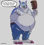 3_toes 5_fingers anthro belly belt big_belly blue_body blue_fur blue_markings blue_stripes bottomwear claws clothing ear_piercing ear_ring feet fingers food fur holding_food holding_object male markings meat navel obese obese_anthro obese_male overweight overweight_anthro overweight_male pants piercing purple_claws ring_piercing sharp_teeth solo standing striped_body striped_fur stripes teeth toe_claws toes torn_bottomwear torn_clothing torn_pants tuft yellow_eyes mindof bandai_namco digimon mythology canid canine digimon_(species) mammal mythological_canine mythological_creature werecanid werecanine werecreature weregarurumon werewolf 2023 digital_media_(artwork) hi_res