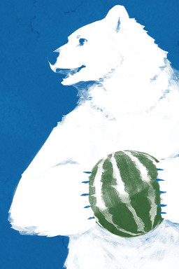 anthro biped blue_background food fruit fur kemono melon plant simple_background solo watermelon white_body white_fur whistleglass bear mammal polar_bear ursine 2023 2:3 hi_res