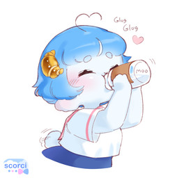 ahoge anthro blue_body blue_hair blush blush_lines bread clothing croissant drinking drinking_milk eyes_closed female food hair heart_ahoge heart_symbol milk onomatopoeia pastry school_uniform simple_background solo sound_effects tail tail_motion tailwag text uniform white_background scorci chelsi bovid caprine mammal sheep 2025