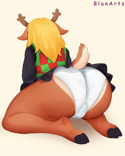 anthro antlers big_butt black_hooves blonde_hair bottomwear brown_antlers brown_body brown_fur butt butt_focus camel_toe clothed clothing crouching female fur hair hooves horn kneeling multicolored_body multicolored_fur panties scut_tail shirt short_tail simple_background skirt solo tail tail_under_skirt tan_background thick_thighs topwear underwear wide_hips blunarts deltarune undertale_(series) noelle_holiday deer mammal absurd_res hi_res