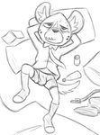 anthro belt book bottle boxer_briefs bulge can clothing container footwear hands_behind_head male necktie oxford_shirt pants_off pillow shoes solo teeth_showing underwear thegreatmatsutzu aggretsuko sanrio haida_(aggretsuko) hyena mammal spotted_hyena black_and_white monochrome sketch