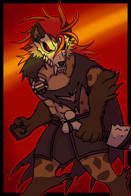 abs anthro bone bone_mask cloak clothed clothing digitigrade fist fur glowing glowing_eyes hair holding_object holding_weapon knife light light_beam male mask muscular muscular_anthro muscular_male orange_background red_eyes red_hair reverse_grip simple_background skull skull_mask solo teeth torn_clothing weapon watamelyn rivals_of_aether forsburn canid canine hyena mammal spotted_hyena 2025 2:3 digital_media_(artwork) hi_res