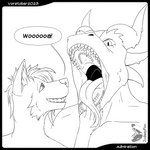 admiration anthro bodily_fluids claws duo esophagus fangs fur gaping_mouth goo_drip hair horn imminent_oral_vore imminent_vore larger_pred long_tongue looking_up male male/male male_prey mawplay mouth_play mouth_shot muscular muscular_anthro muscular_male open_mouth simple_background size_difference slime teeth text throat tongue tongue_out vore willing_pred willing_prey judasyfox mythology voretober devourer_(razor_koopa) canid canine dragon fox goo_creature goo_dragon mammal mythological_creature mythological_scalie scalie 1:1 digital_media_(artwork) english_text hi_res monochrome