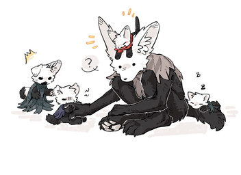 ambiguous_gender anthro biped bite black_body black_eyes black_fur black_nose cloak clothed clothing empty_eyes eyebrows eyes_closed fluffy fluffy_tail fur group horn inner_ear_fluff open_mouth open_smile pawpads paws question_mark simple_background sitting sleeping smile sound_effects speech_bubble tail tuft vowelless vowelless_sound_effect white_background white_body white_fur zzz aaasakawa hollow_knight_(franchise) team_cherry broken_vessel_(hollow_knight) hollow_knight_(character) hornet_(hollow_knight) the_knight_(hollow_knight) canid canine felid feline mammal 2026 hi_res female_(lore) half_sister_(lore) sibling_(lore) sister_(lore)