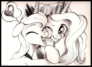 black_border border crown cuddling duo eyes_closed face_squish female feral grin hair happy headgear heart_symbol horn hug nuzzling one_eye_closed open_mouth open_smile pictogram smile speech_bubble squish uminanimu friendship_is_magic hasbro my_little_pony mythology princess_celestia_(mlp) princess_luna_(mlp) equid equine mammal mythological_creature mythological_equine unicorn absurd_res greyscale hi_res monochrome traditional_media_(artwork) sibling_(lore) sister_(lore) sisters_(lore)