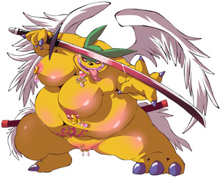 3_toes 4_fingers action_pose anthro areola belly belly_tattoo big_belly big_breasts big_ears big_wings breasts butt claws clitoris clitoris_piercing feathered_wings feathers feet female fingers genital_piercing genitals green_ears grey_claws holding_object holding_weapon huge_belly huge_breasts katana lips looking_at_viewer melee_weapon navel nipple_piercing nipples nude obese obese_anthro obese_female open_mouth open_smile overweight overweight_anthro overweight_female piercing pink_areola pink_lips pink_nipples pink_vulva pose pupils red_sclera ring_piercing simple_background slit_pupils smile solo sword tattoo teeth thick_thighs toe_claws toes tongue tongue_out tusks vulva vulva_piercing weapon white_background white_eyes white_wings wings yellow_body yellow_skin chibineco dragon_quest square_enix mammal notso_macho 2026 colored digital_drawing_(artwork) digital_media_(artwork) hi_res shaded