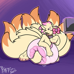 4_fingers 4_toes 8_tails ambiguous_gender anthro brown_collar clean_diaper clothed clothing collar diaper dipstick_tail electronics feet fingers fur hand_on_diaper head_tuft heart_collar heart_eyes heart_symbol hypnosis hypnotic_screen kneeling lock_symbol markings mind_control multi_tail multicolored_body multicolored_fur object_in_mouth orange_body orange_fur orange_tail orange_tail_tip pacifier pacifier_in_mouth pawpads pink_body pink_diaper pink_fur pink_pawpads purple_background purple_nose ringed_eyes simple_background smile solo sound_effects tail tail_markings television text toes touching_diaper tuft two_tone_tail vowelless vowelless_sound_effect wearing_diaper yellow_body yellow_fur yellow_tail kippz nintendo pokemon yuukari missed_(yuukari) generation_1_pokemon ninetales pokemon_(species) 1:1 2025 absurd_res archived_source artist_name english_text full-length_portrait hi_res portrait signature source_request