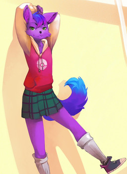 anthro bottomwear clothing femboy fur green_clothing green_eyes hair hoodie kilt male multicolored_clothing pokeball pokeball_clothing purple_body purple_fur purple_hair red_clothing skirt solo sweatshirt topwear two_tone_clothing white_clothing vu06 nintendo pokemon maff canid canine canis mammal wolf hi_res