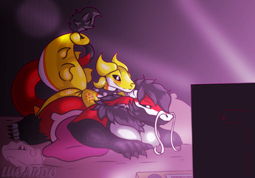anthro bed breasts collar computer computer_keyboard computer_mouse electronics female freckles fur furniture lying lying_on_another lying_on_bed male male/female on_bed on_front pillow smile solo spiked_collar spikes spikes_(anatomy) watching_movie watching_video lucardo_cruz mythology lucardo snankey_pagani dragon furred_dragon furred_scalie gecko lizard mythological_creature mythological_scalie reptile scalie