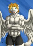 anthro blonde_hair blue_eyes bulge feathered_wings feathers hair male muscular muscular_anthro muscular_male open_mouth solo tail tongue wings nameless00 mythology siegfried angel_dragon dragon feathered_dragon feathered_scalie mythological_creature mythological_scalie scalie hi_res