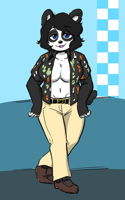aloha_shirt anthro belt bottomwear breasts checkered checkered_background cleavage clothed clothing cosplay female footwear navel open_clothing open_shirt open_topwear pants pattern_background pattern_clothing pattern_shirt pattern_topwear shirt shoes simple_background solo topwear anaugi crazy_taxi sega lacy_(bosstones) bear giant_panda mammal 2024 hi_res