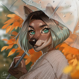 anthro blue_eyes blue_hair brown_body brown_fur brown_hair brown_nose clothing eyelashes female fur glistening glistening_eyes grey_clothing grey_topwear hair holding_object holding_umbrella looking_at_viewer multicolored_hair raining smile solo text topwear two_tone_hair umbrella marie_merkh canid mammal 1:1 absurd_res artist_name hi_res signature