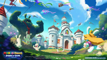 anthro blonde_hair blue_ear_piercing blue_eyes blue_sky bottomless bottomless_anthro bottomless_female buckteeth castle closed_frown clothed clothed_anthro clothed_female clothing cloud copyright_symbol crown day detailed_background door female female_anthro flag flexing flexing_bicep flexing_both_biceps frown fur grass group hair hand_pawpads headgear kite light long_ears long_hair male male_anthro midair mitten_hands mouth_closed multicolored_body mushroom_castle_(super_mario_64) necktie noseless nude_anthro open_mouth open_smile outside pawpads pink_clothing pink_shirt pink_tongue pink_topwear plant red_necktie running shirt shrub sky smile stained_glass stained_glass_window standing symbol tan_body tan_eyelids tan_pawpads tan_skin teeth text title tongue toony topwear two_tone_body wall_(structure) white_body white_fur window year giacomo_boni mario_bros mario_plus_rabbids_kingdom_battle mario_plus_rabbids_sparks_of_hope nintendo raving_rabbids rayman_(series) ubisoft rabbid_kong rabbid_peach lagomorph mammal rabbid 2022 adobe_photoshop_(artwork) artist_name colored crossover detailed digital_drawing_(artwork) digital_media_(artwork) english_description english_text hi_res lighting official_art procreate_(artwork) shaded