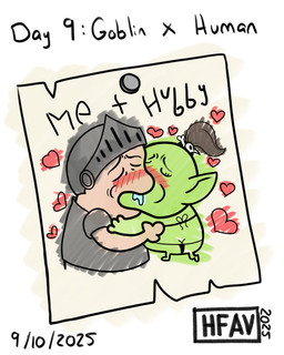 armor blush blush_lines duo eyes_closed female green_body green_skin humanoid_pointy_ears kissing male pointy_ears simple_background tan_body tan_skin text white_background h-fav gobtober yoshi_and_toad_kissing goblin human humanoid mammal 2025 4:5 absurd_res hi_res meme