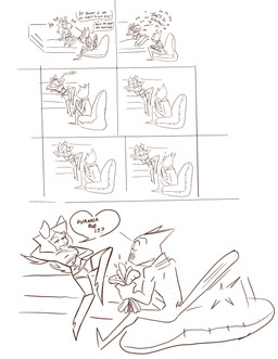 bed belly_rub_request blush bottomwear chair clothing crop_top dialogue female furniture hair laugh long_hair lying male midriff on_back raised_tail sandwich(food) shirt shorts sitting speech_bubble tail tongue tongue_out topwear whiskers anonymous_artist bittersweet_candy_bowl mike_(bcb) bird_dog canid canine canis domestic_cat domestic_dog felid feline felis golden_retriever hunting_dog korat_cat mammal retriever english absurd_res comic hi_res monochrome tagme