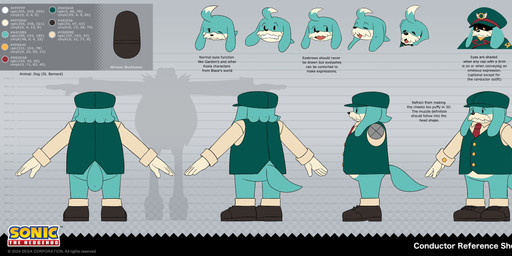 5_fingers anthro blue_body blue_fur clothing facial_hair female fingers footwear front_view fur gloves handwear hat headgear headwear male mustache nude rear_view shoes solo tail text three-quarter_view uniform yellow_eyes deegeemin sega sonic_the_hedgehog_(series) the_murder_of_sonic_the_hedgehog conductor's_wife_(sonic) conductor_(sonic) dr._eggman akita canid canine canis domestic_dog eulipotyphlan hedgehog human mammal spitz absurd_res english_description english_text hi_res model_sheet official_art