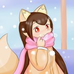 anthro blue_sky brown_hair clothing female hair heart_symbol loose_hair scarf sky snow solo winter nameigo inumizaru 1:1 absurd_res hi_res