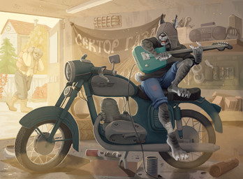 ambiguous_gender annoyed anthro banner barefoot boombox bottomwear building clothing covering covering_ears day detailed_background duct_tape electric_guitar evergreen_tree feet fence firewood fur garage grey_body grey_fur guitar hood hood_up house inside lamp motorcycle musical_instrument pine_tree plant playing_guitar playing_music plucked_string_instrument screwdriver shirt shorts sitting smile solo string_instrument tail tape tire tools topwear tree vehicle whiskers wood wrench a_littlecrazy felid mammal absurd_res digital_media_(artwork) hi_res