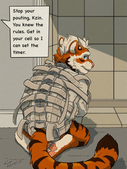 anthro asylum bdsm blue_eyes bondage bound brown_stripes brown_tail_tip carpeted_floor dipstick_tail ears_back fur hair inside kneeling kneeling_on_ground long_tail looking_back lost_bet male markings multicolored_body offscreen_character on_ground orange_body orange_fur padded_room pawpads pink_pawpads pink_snout pivoted_ears plantigrade rear_view restraints solo speech_bubble straitjacket striped_body striped_fur striped_markings striped_tail stripes tail tail_markings text two_tone_body white_hair white_inner_ear white_paws kemira kzin felid mammal pantherine tiger 2024 digital_drawing_(artwork) digital_media_(artwork) english_text hi_res signature
