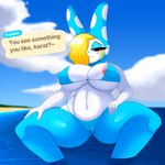 1:1 absurd_res animal_crossing anthro beach big_breasts bikini blonde_hair breasts camel_toe clothed clothing dialogue english_text eyelashes female foxsuo francine_(animal_crossing) hair hair_over_eye hi_res huge_breasts lagomorph leporid looking_at_viewer mammal nintendo nipple_slip one_eye_obstructed presenting rabbit seaside smile solo spread_legs spreading swimwear text thick_thighs water white_body