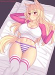 big_breasts blonde_hair blush bottomwear breasts clothing female hair legwear lying on_back panties pattern_bottomwear pattern_clothing pattern_panties pattern_underwear pupils purple_clothing purple_panties purple_underwear red_eyes shirt slit_pupils solo striped_bottomwear striped_clothing striped_panties striped_underwear stripes thigh_highs topwear underwear white_clothing white_panties white_underwear fastrunner2024 tiffy_(fastrunner2024) animal_humanoid cat_humanoid felid felid_humanoid feline feline_humanoid humanoid mammal mammal_humanoid 2025 hi_res