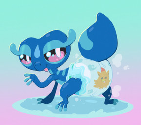 ambiguous_feral ambiguous_gender baby_powder back_stripes big_diaper blue_body blue_skin clothed clothing diaper diaper_fetish diaper_only eyelashes feet feral fingerless_(marking) gradient_background purple_background purple_eyes simple_background solo striped_body stripes teal_background toeless_(marking) tongue tongue_out topless wearing_diaper bubblepuppers nintendo pokemon pokemon_winds_and_waves canid canine gecqua generation_10_pokemon mammal pokemon_(species) pombon reptile scalie 2026 hi_res