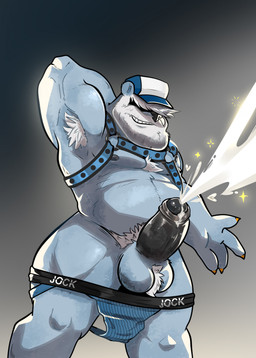 anthro armpit_hair ball_tuft balls barazoku baseball_cap beard big_beard big_penis black_penis blue_body blue_clothing blue_fur blue_harness blue_jockstrap blue_underwear bodily_fluids body_hair clothing cum cum_fountain cumshot ejaculation erection excessive_cum excessive_genital_fluids facial_hair foreskin fur genital_fluids genitals hair hair_over_eyes hands-free harness hat headgear headwear jockstrap jockstrap_down male manly musclegut muscular muscular_thighs orgasm penis pubes raised_arm slightly_chubby slightly_chubby_male smile smirk solo tuft underwear white_beard white_facial_hair white_hair beardedbear american_black_bear bear black_bear glacier_bear mammal ursine hi_res portrait story story_in_description three-quarter_portrait