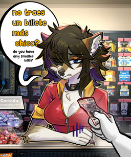 ambiguous_gender anthro barbell_piercing biped breasts brown_hair claws clothed clothed_anthro clothed_female clothing dialogue duo ear_piercing ear_ring eyebrow_barbell eyebrow_piercing faceless_character facial_piercing female female_focus fingers front_view fur hair inside looking_at_viewer multicolored_body multicolored_fur nose_piercing nose_ring piercing red_clothing red_topwear ring_piercing septum_piercing septum_ring solo_focus speech_bubble teeth text topwear white_arms white_body white_fur praquina canid canine canis mammal wolf 2026 digital_drawing_(artwork) digital_media_(artwork) english_text hi_res spanish_text