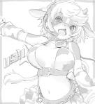 anthro arm_warmers armwear belt black_and_white blush bottomwear bovid bovine breasts cattle clothed clothing collar cowbell digital_media_(artwork) electronics female fur hair headgear headphones headset horn kikurage long_tail looking_at_viewer mammal monochrome navel open_mouth ring shaded short_hair simple_background skirt solo star straps tail text ushi white_background