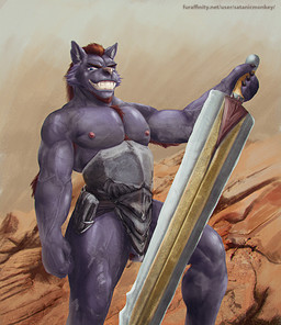 anthro armor balls blue_eyes brown_hair cheek_tuft clothed clothing facial_tuft fangs front_view genitals glistening glistening_eyes grey_body grin hair hairy holding_melee_weapon holding_object holding_sword holding_weapon looking_at_viewer male male_anthro melee_weapon muscular muscular_anthro muscular_male narrowed_eyes pecs short_hair smile solo standing sword teeth text topless tuft vein veiny_muscles weapon white_balls satanic_monkey canid canine mammal hi_res url