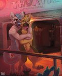 anthro athletic blue_hair claws cuddling date duo fur glistening glistening_eyes grey_body grey_fur hair hug male male/male night paws restaurant romantic romantic_ambiance romantic_couple scenery tongue tongue_out tarumeow canid canine canis domestic_dog german_shepherd herding_dog mammal pastoral_dog hi_res