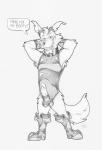 anthro balls boots clothed clothing collar erection footwear genitals latex looking_at_viewer male penis shoes smile solo tight_clothing agent_(artist) disney talespin don_karnage canid canine canis mammal wolf monochrome