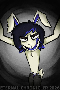 anthro blue_flesh blue_hair blue_highlights clothed clothing ear_piercing hair highlights_(coloring) male partially_clothed piercing solo eternal-chronicler nekromystikos cammy_(nekromystikos) lagomorph leporid mammal rabbit hi_res
