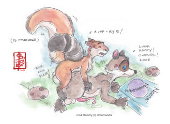 anal anal_penetration animal_genitalia animal_penis aroused balls big_balls blush blush_lines bodily_fluids cookie cum cum_inside dialogue doggystyle duo erection feral food from_behind_position genital_fluids genitals grass interspecies larger_penetrated male male/male on_grass on_ground penetration penis plant precum raccoon_penis raised_tail sex size_difference small_top_big_bottom sound_effects surprised tail text fennec_(artist) dreamworks over_the_hedge touch_grass hammy_(over_the_hedge) rj_(over_the_hedge) mammal procyonid raccoon rodent sciurid tree_squirrel painting_(artwork) traditional_media_(artwork) watercolor_(artwork)