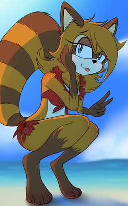 4_toes 5_fingers aged_up anthro bikini bikini_bottom bikini_top blep blue_eyes brown_body brown_fur clothing feet female fingers fur hair_down orange_body orange_fur red_bikini red_clothing red_swimwear shoulder_length_hair smug smug_expression smug_face solo swimwear teasing toes tongue tongue_out two-piece_swimsuit caramelfox sega sonic_the_hedgehog_(series) marine_the_raccoon 5:8 absurd_res hi_res