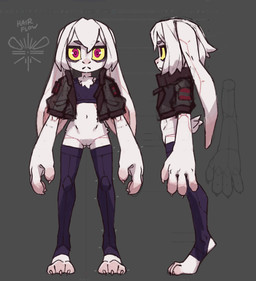 anthro big_hands bottomless chest_tuft claws clothed clothing female flat_chested floppy_ears fur hair jacket jacket_vest legwear lop_ears midriff navel red_eyes shaved_vulva solo tail thigh_highs topwear tuft vest white_body white_fur white_hair polygoncherub third-party_edit clover_(polygoncherub) lagomorph leporid mammal rabbit hi_res model_sheet